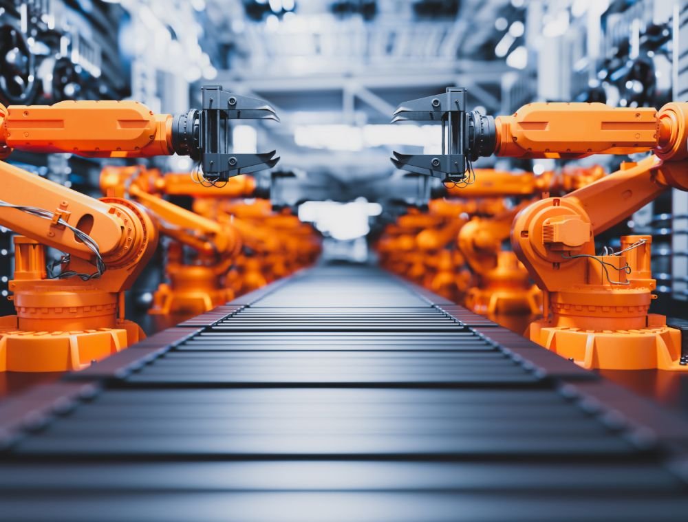 Robotic Arms Along Assembly Line In Modern Factory X4A22ZU 1 3